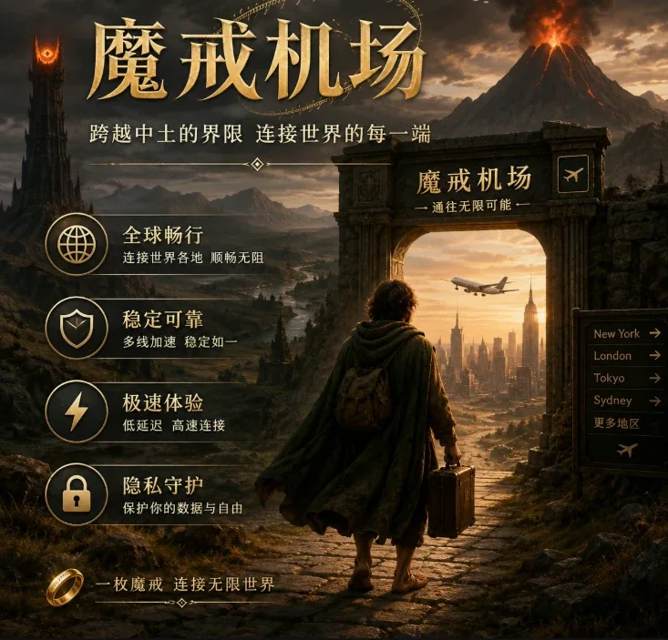 魔戒 Mojie 机场品牌主视觉:以金戒与远山为意象的网络加速服务标识,与同名电影无关